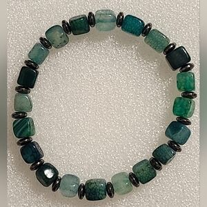 1pc Unisex Elegant Natural Green 6mm Square Stone & Hematite Discs Bracelet